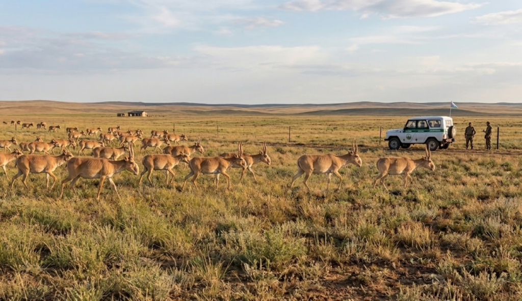 Une vaste steppe semi-aride s'étend à perte de vue sous un ciel parsemé de nuages légers. Un grand troupeau d'antilopes saïgas, reconnaissables à leur nez en trompe bulbeux caractéristique et à leurs cornes lyrées pour les mâles, migre en une longue file à travers le paysage. Ils marchent sur une piste de terre battue au milieu d'une herbe courte et sèche, de couleur jaunâtre et parsemée de buissons bas. La lumière du soleil couchant jette une teinte dorée sur le paysage, accentuant les tons chauds du manteau des animaux.

À l'arrière-plan, à droite, un véhicule tout-terrain blanc, arborant un petit drapeau bleu et bleu foncé, est arrêté. Deux personnes en uniforme, vraisemblablement des gardes-parcs ou des chercheurs, se tiennent debout près du véhicule et observent le troupeau. Plus loin à l'horizon, de douces collines se dessinent et, au centre, on distingue un petit groupe de bâtiments isolé, probablement un poste de surveillance ou une installation de recherche. Le troupeau compte des dizaines, voire une centaine d'individus, s'étendant loin vers l'arrière-plan. Le sol en herbe sèche occupe une grande partie du premier plan, donnant une idée de l'échelle de ce vaste territoire.
